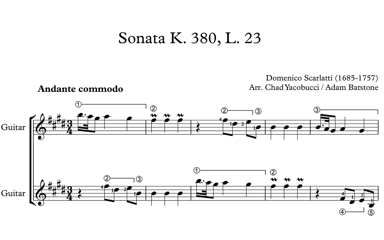 Part of the first page of Scarlatti's K.380 sonata arranged for two guitars by Adam Batstone